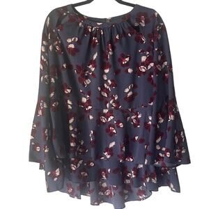 Lane Bryant Plus Size 18 Blue Floral Fall Bell Sleeves Flutter Babydoll‎ Top